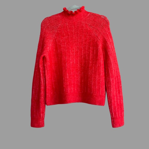 SEZANE Bright Red Mohair Merino Wool Knit Ruffle High Neck Sweater Loris Jumper - Picture 9 of 15